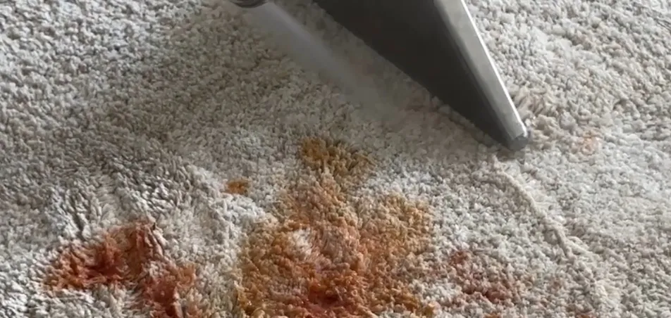 Red food stain on cream carpet with the cleaning wand about to treat it